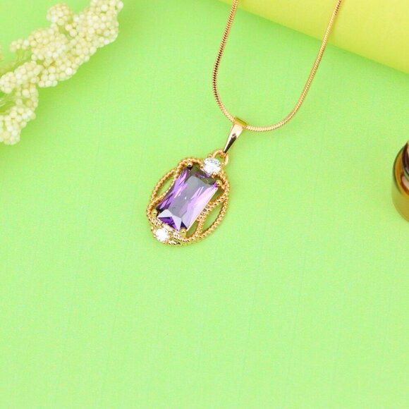 "Purple Rectangle Pendant with Gold Plated Frame and Crystal Accents, XPPT1683 - Picture 11 of 13